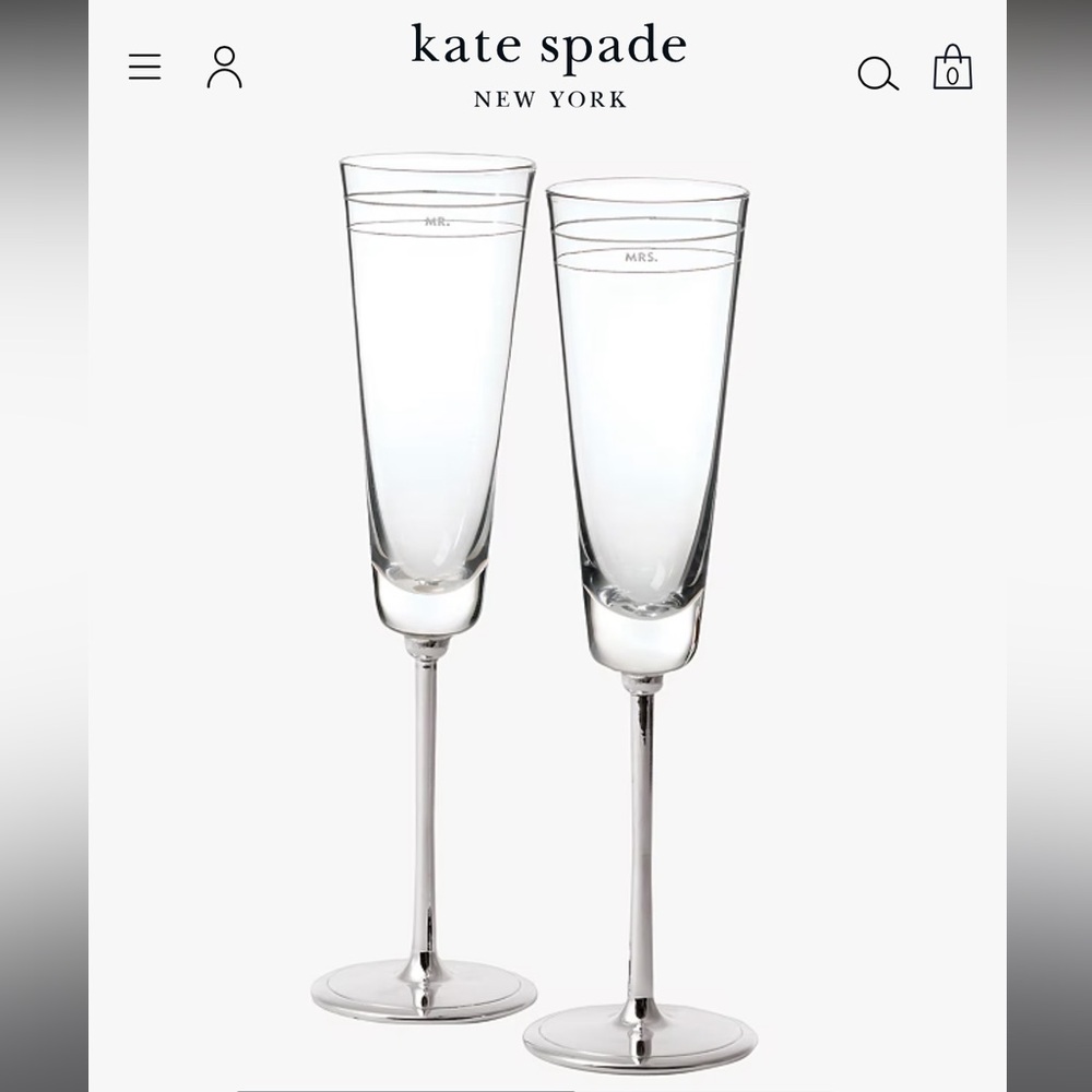 NWT NewUnused Kate Spade Champagne Flutes Mr &Mrs Silver Color Perfect Condition
